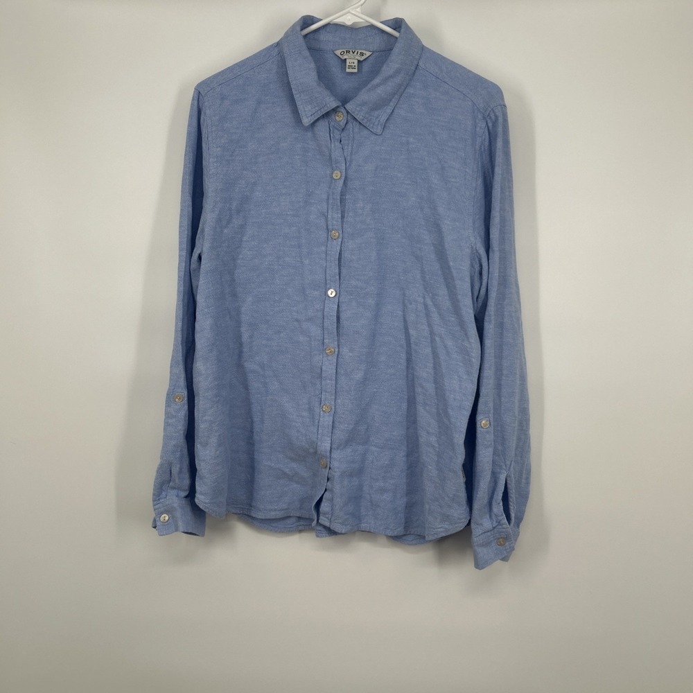 Orvis Women's Large Linen Rayon Long Sleeve Button Up Casual Outdoor Shirt Blue